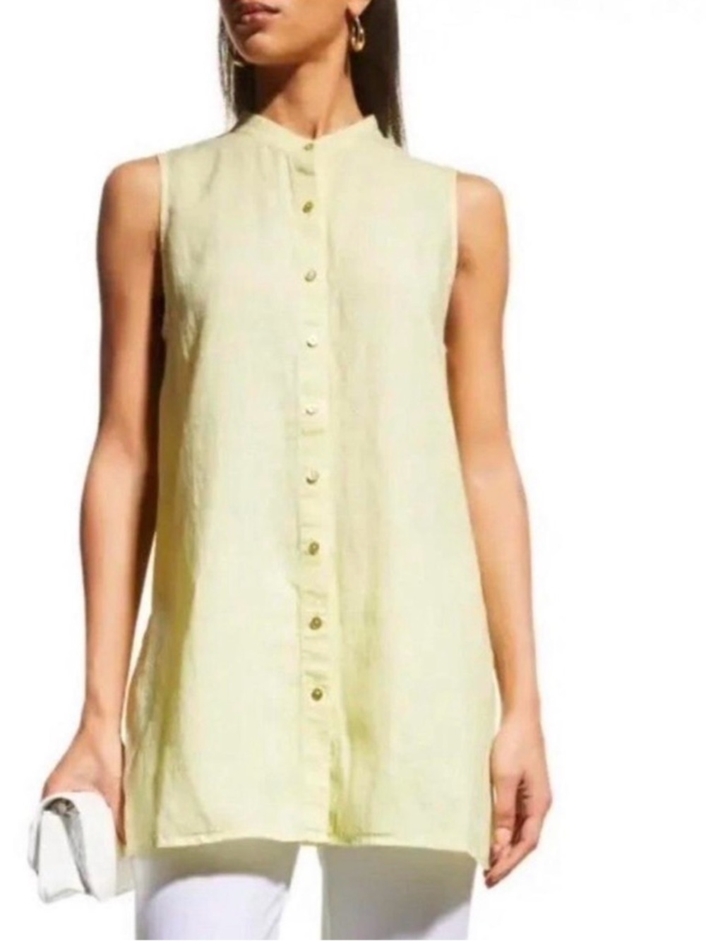 Eileen Fisher Light Yellow 100% Linen Button-Front Blouse